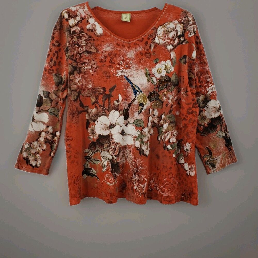 Jess & Jane Top 2X Rust Orange Allover Floral Print Rhinestone Bird 3/4 Sleeve